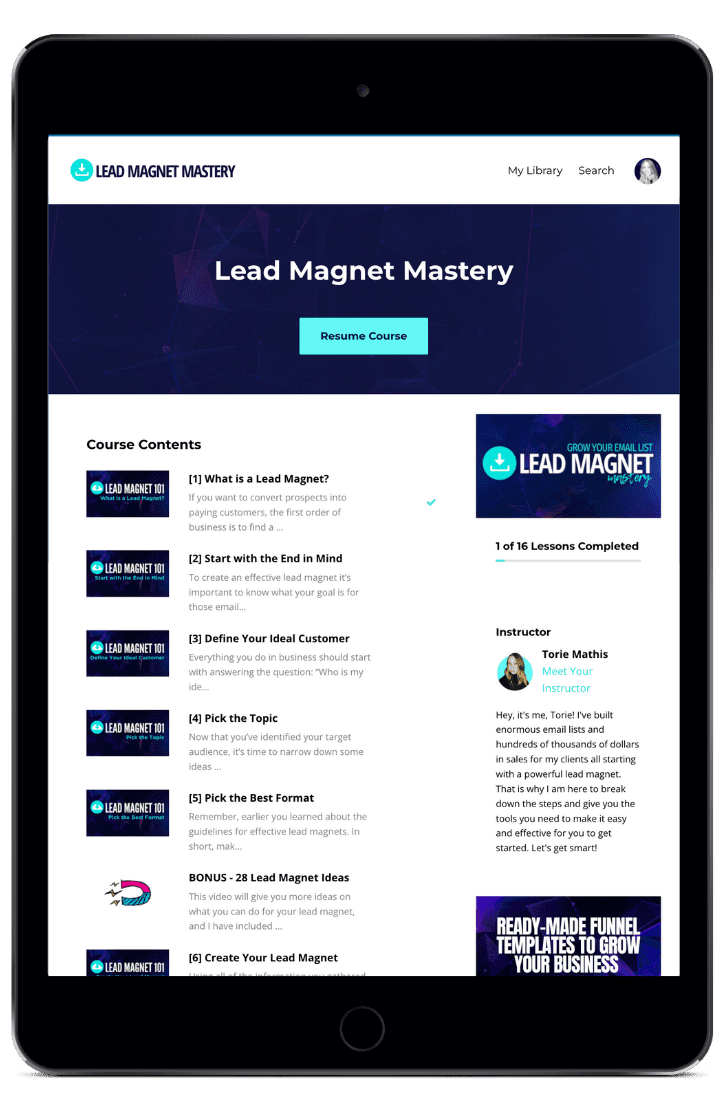lead magnet mastery 2 Lead generation course landing page on iPad | Torie Mathis
