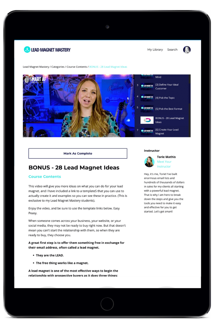 lead magnet mastery Lead generation course landing page on iPad | Torie Mathis