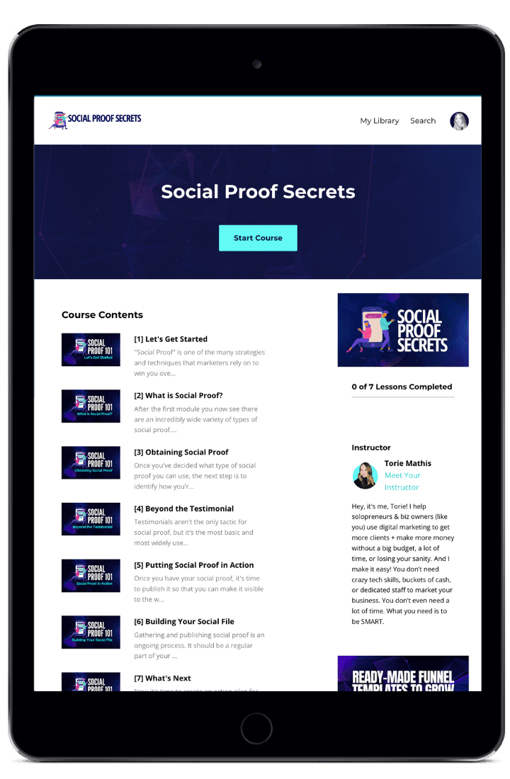 social proof secrets course by Torie Mathis Social proof secrets course displayed on tablet screen by Torie Mathis