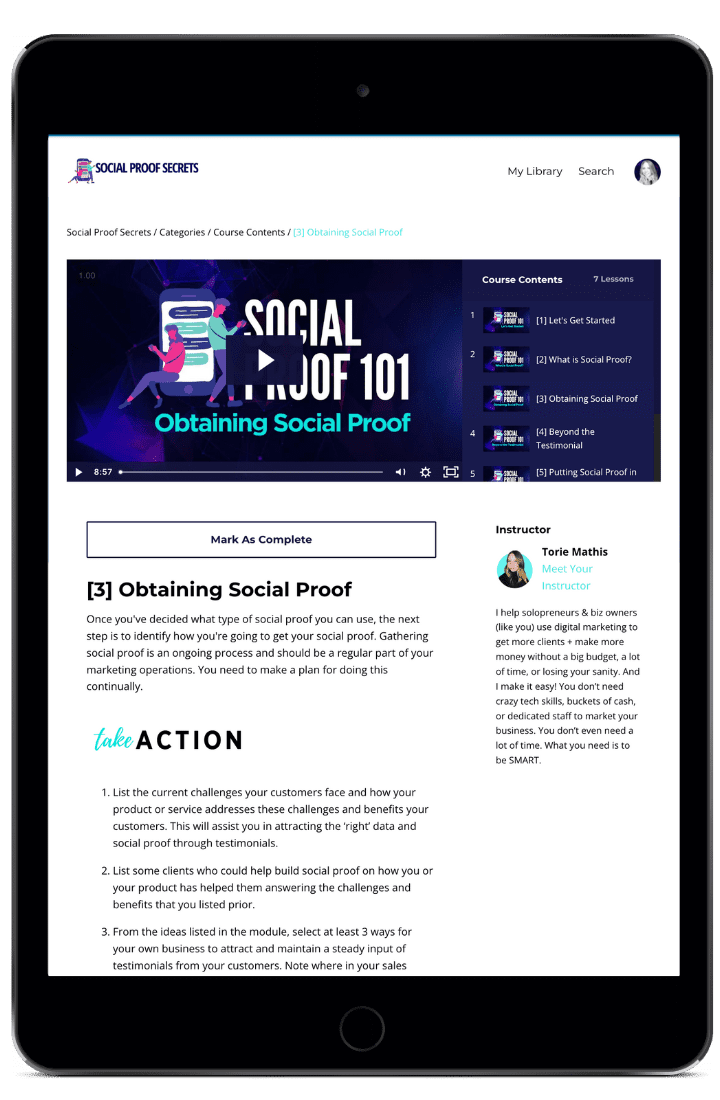 social proof secrets course by Torie Mathis Social proof secrets course displayed on tablet screen by Torie Mathis